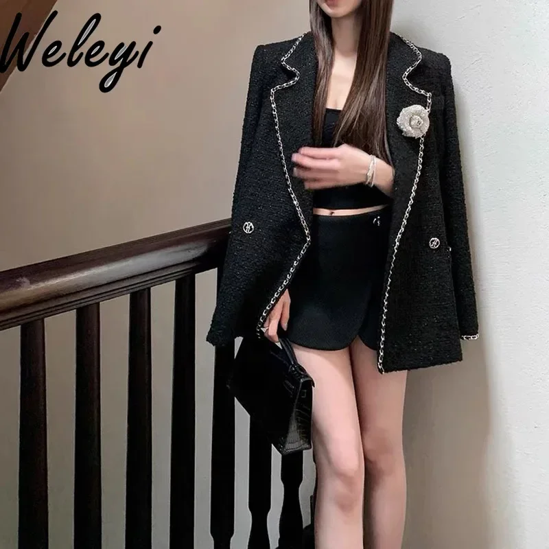 Black Chain Padded Thickened Blazer Femme 2024 Autumn and Winter New Office Black Suits Elegant Fur Tweed Blazer Coat Women