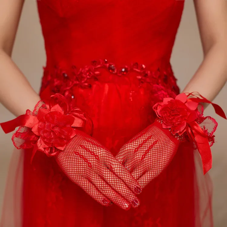 White/Red Bridal Gloves Handmade Flower Wrist Length Full Finger Gloves Beautiful Wedding Accessories