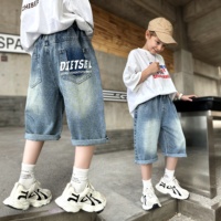 Boys shorts summer jeans summer style fashion boys denim mid-trousers back pocket cartoon printed cropped pants 5-15 years old