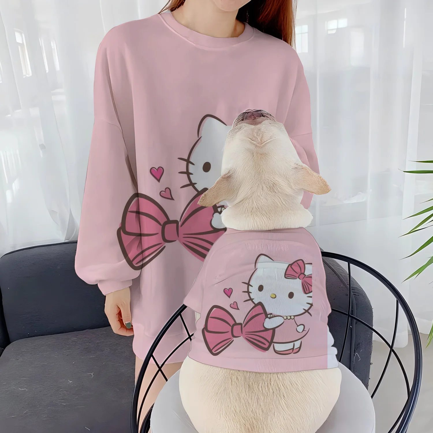 

Casual Sweatshirts Parent-Child Clothes Autumn Women's Pet Dog Clothing Hello Kitty Round Neck Winter Puppy Pullover Long Sleeve