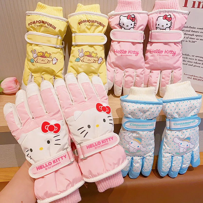 Miniso Sanrio Kids Ski Gloves Hello Kitty Cinnamoroll Pom Pom Purin Kawaii Anime Five-Finger Glove Outdoor Sport Gloves Gifts