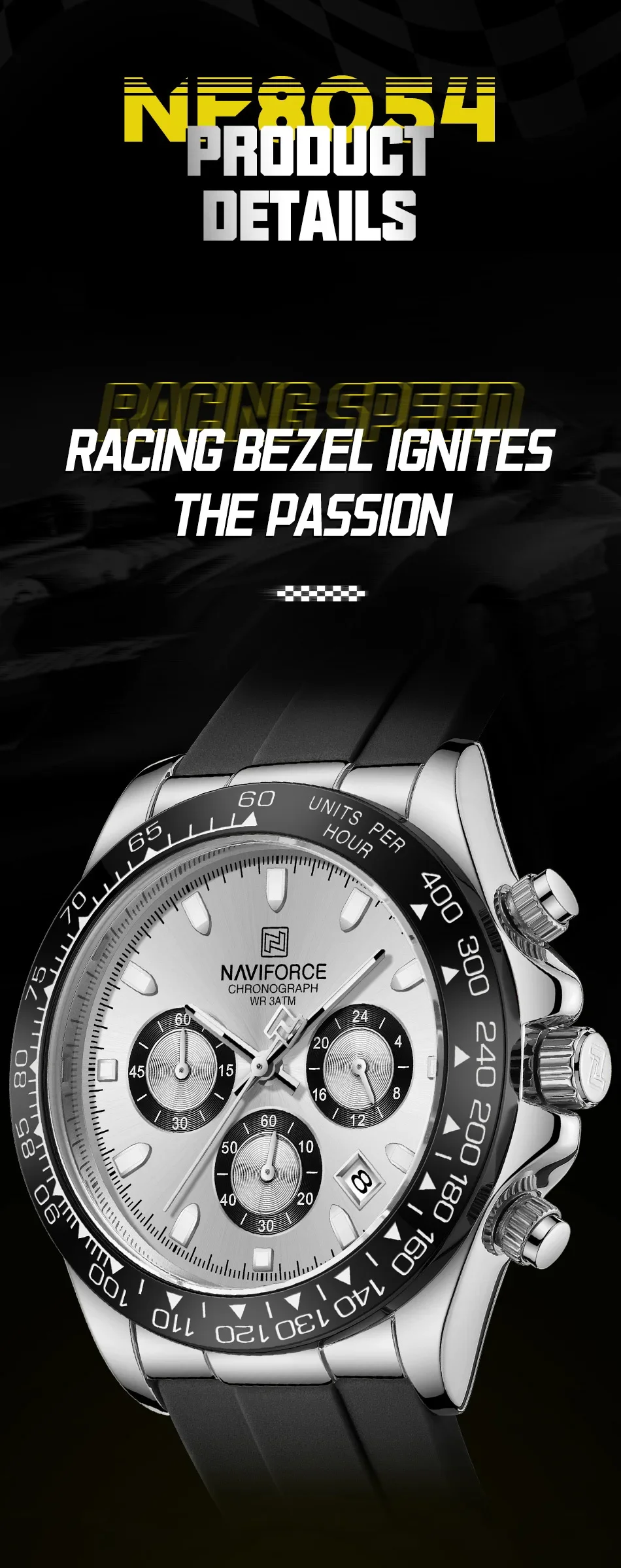 NAVIFORCE NF8054 Originaluhren für Herren, Silikonarmband, lässige Sport-Chronographen-Armbanduhr mit Leuchtfunktion – Detail 10