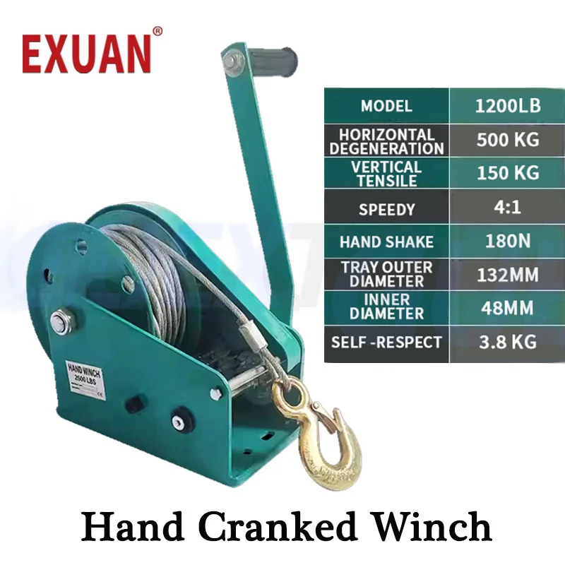 Hand Cranked Winch Bidirectional Self-Locking Hoist Household Small Capstan 1200 Pound Tractors Polishing Lifting Carry Windlass