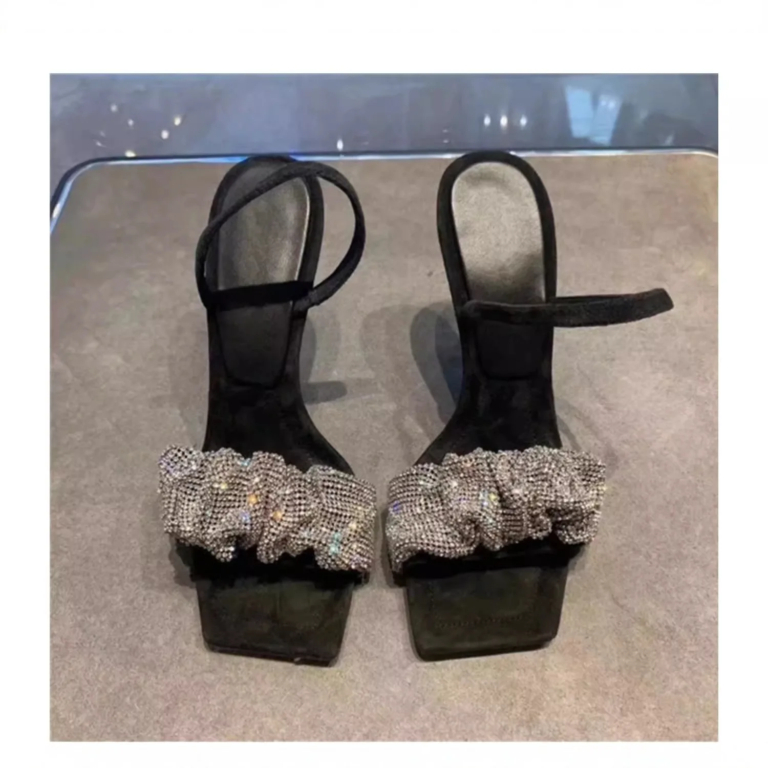 

Elegant Black Diamond Sandals Women's Spring Summer New Style Thin Heel Square Head One-Strap High Heels Comfortable Rubber Sole