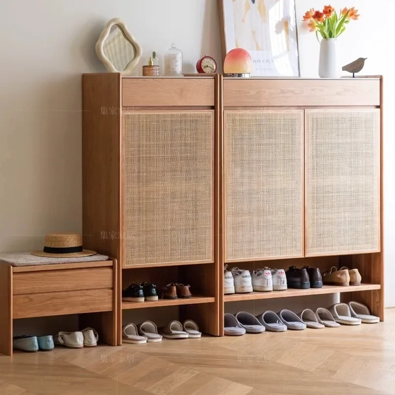 

Nordic rattan entrance cabinet, shoe change stool storage, Japanese retro small apartment narrow cabinet