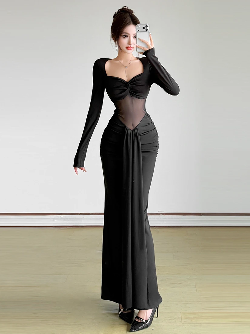 

SylCue Sexy Lady Sle Bla Me Splice Long Sve V-Ne Dr Belted Waist Skirt Polyester Blend Summer Slim Fit Dr