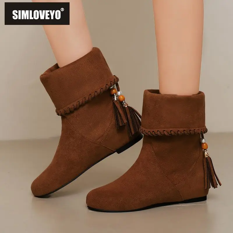 SIMLOVEYO مصمم النساء منتصف العجل الأحذية جولة تو قطيع الجلد المدبوغ الشقق ثنائي ارتداء حجم كبير 46 47 48 الإناث هامش الخريف