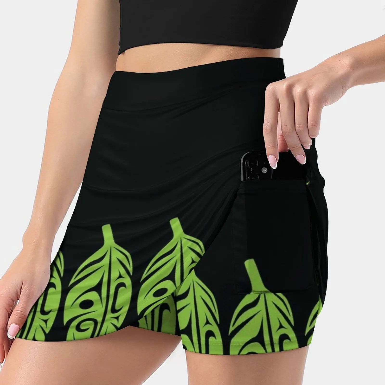 Feathers-Lime Green On Black Women's skirt With Hide Pocket Tennis Skirt Golf Skirts Badminton Skirts Running skirts Feathers