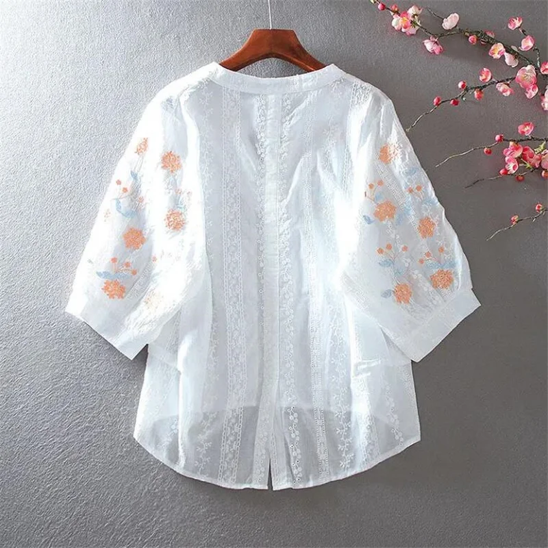 Embroidered Floral Blouses Women Shirt Pure Cotton Top Middle Sleeve Pullover OL Loose Thin Hollow Out Retro Female Blouses