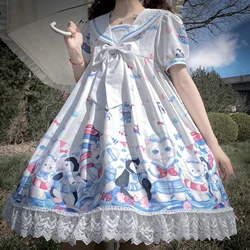 Japanese Lolita Sweet Dress Cat Penguin Cute Print Sailor Collar Navy Vintage Bow Kawaii Girls Preppy Style Middle Ages ロリータ