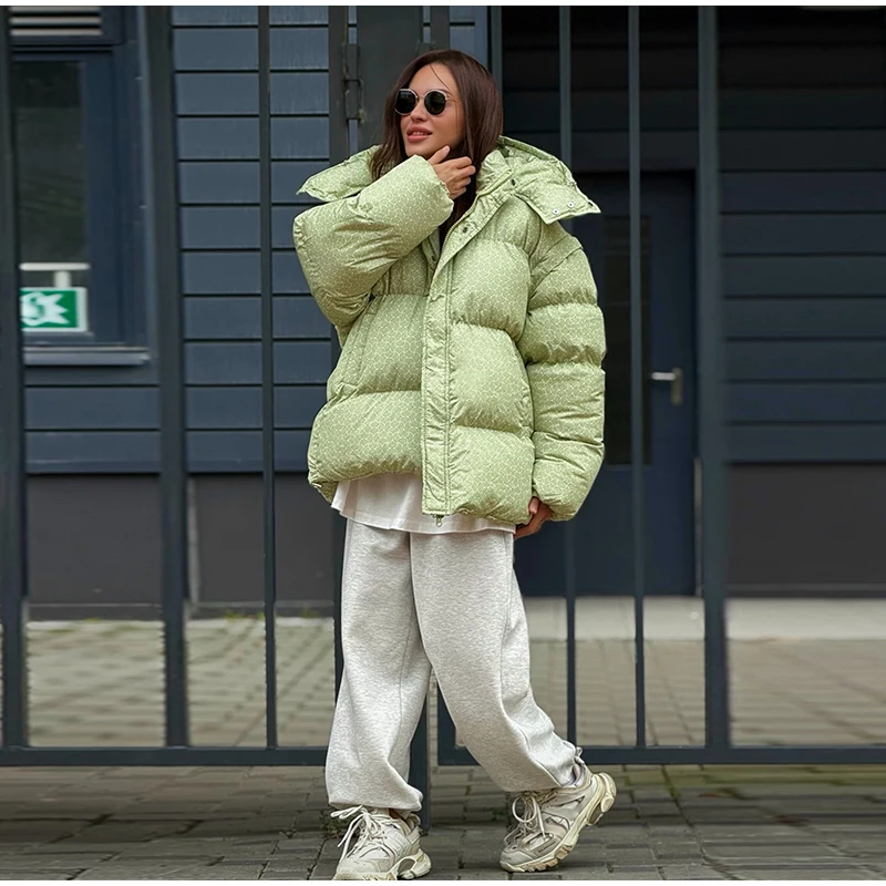 Printed Hooded Padded Coats Women's Loose Zipper Single-breasted Pockets Thicken Coats 2026 New Ladies Winter Fashion Outwear