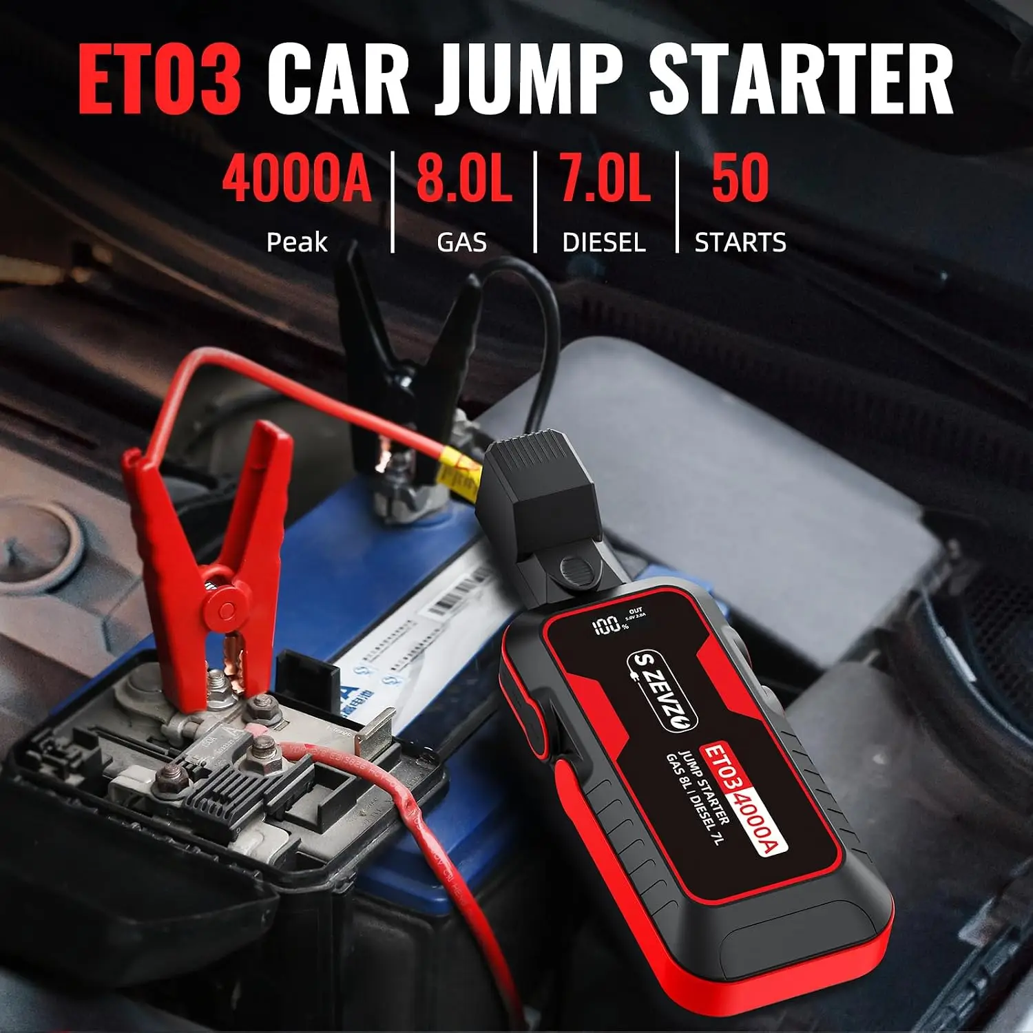 4000A Car Jump Starter Battery Pack 80L Gas 70L Diesel Engine 74Wh 12V Jump Box USB Ports LCD Display Storage Case LED Light