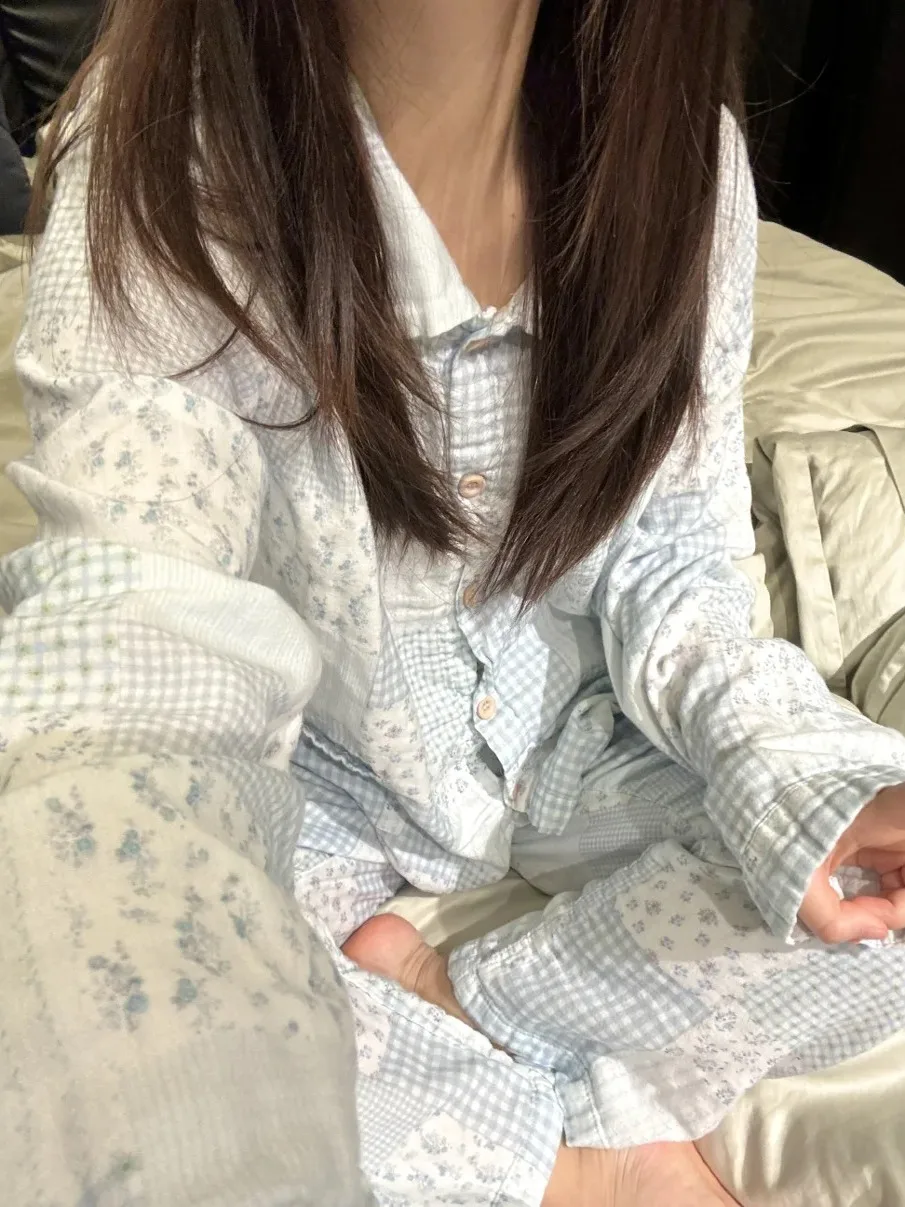 Double Layer Cotton Muslin Long Sleeve Sleepwear for Women Spring Summer Autumn New Style Home Clothes Cotton Linen Casual