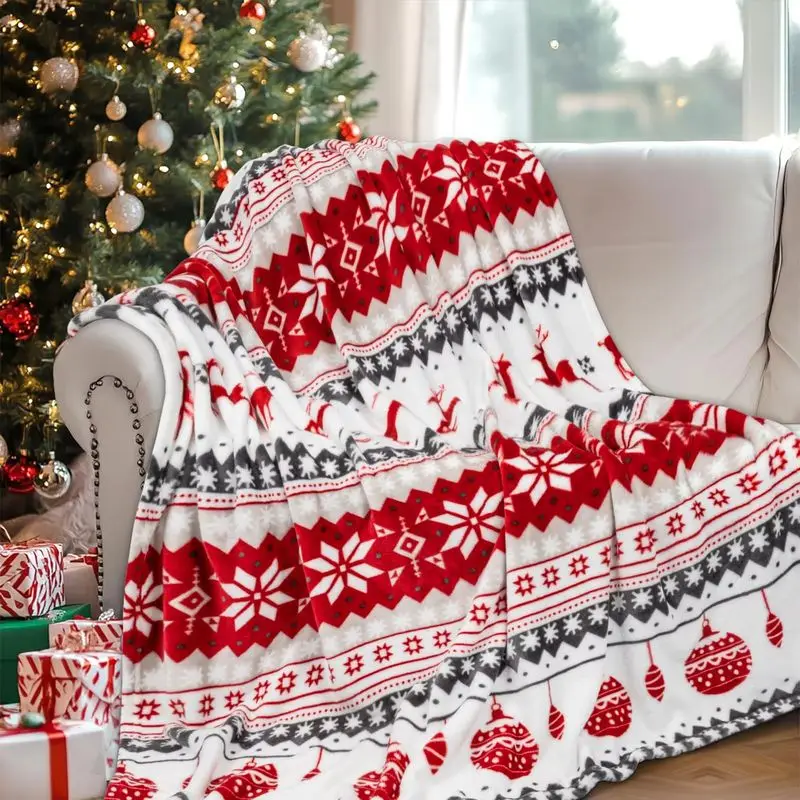 VIKAMA Christmas Throw Blanket Patchwork Snowflake Reindeer Ornament Soft Plush Fleece Couch Sofa Blanket Cozy Holiday Decor