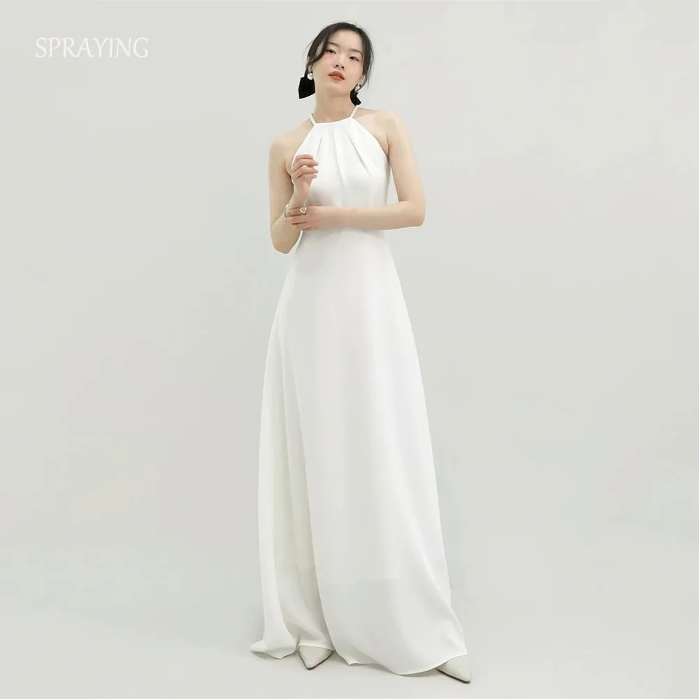 

SPRAYING Simple Ivory Wedding Dress Korea Photo Shoot Halter Sleeveless A line Long Bridal Gown Corset/Zip Customized 웨딩드레스