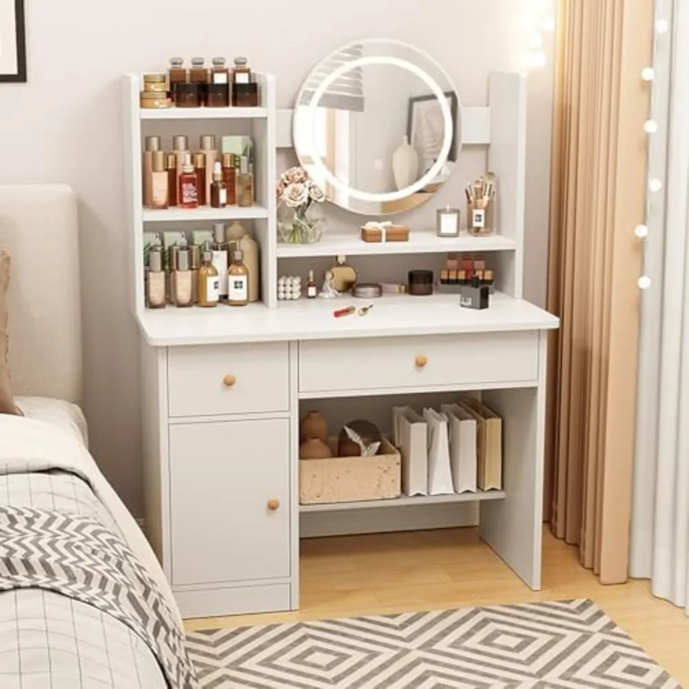 

Dressing Table with Drawers, Makeup Table with Mirror and Lights, Multifunctional Makeup Writing Desk for Bedroom