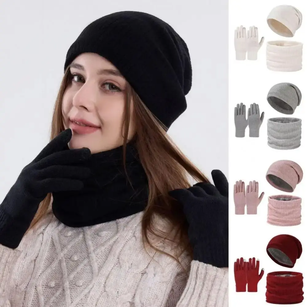 3Pcs/Set Winter Warm Women Hats Scarf Gloves Set Ear Protection Soft Winter Warm Mitten Windproof Plush Knitted Hat Outdoor