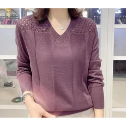 Korean Autumn/Winter New Sweaters Women's V-Neck Solid Hollow Out Simplicity Versatile Loose Long Sleeve Pullovers Knitted Tops