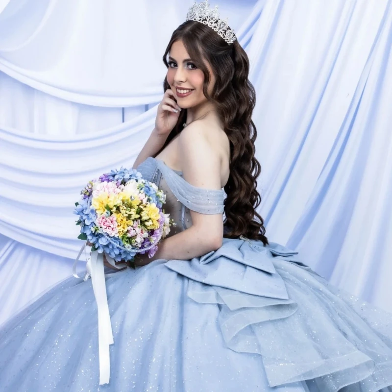 파란색 반짝이는 킨세아녜라 드레스, 오프숄더 비딩 크리스탈 리본 튤 파티 생일 스위트 16 드레스, 베스티도스 15 데 아뇨스