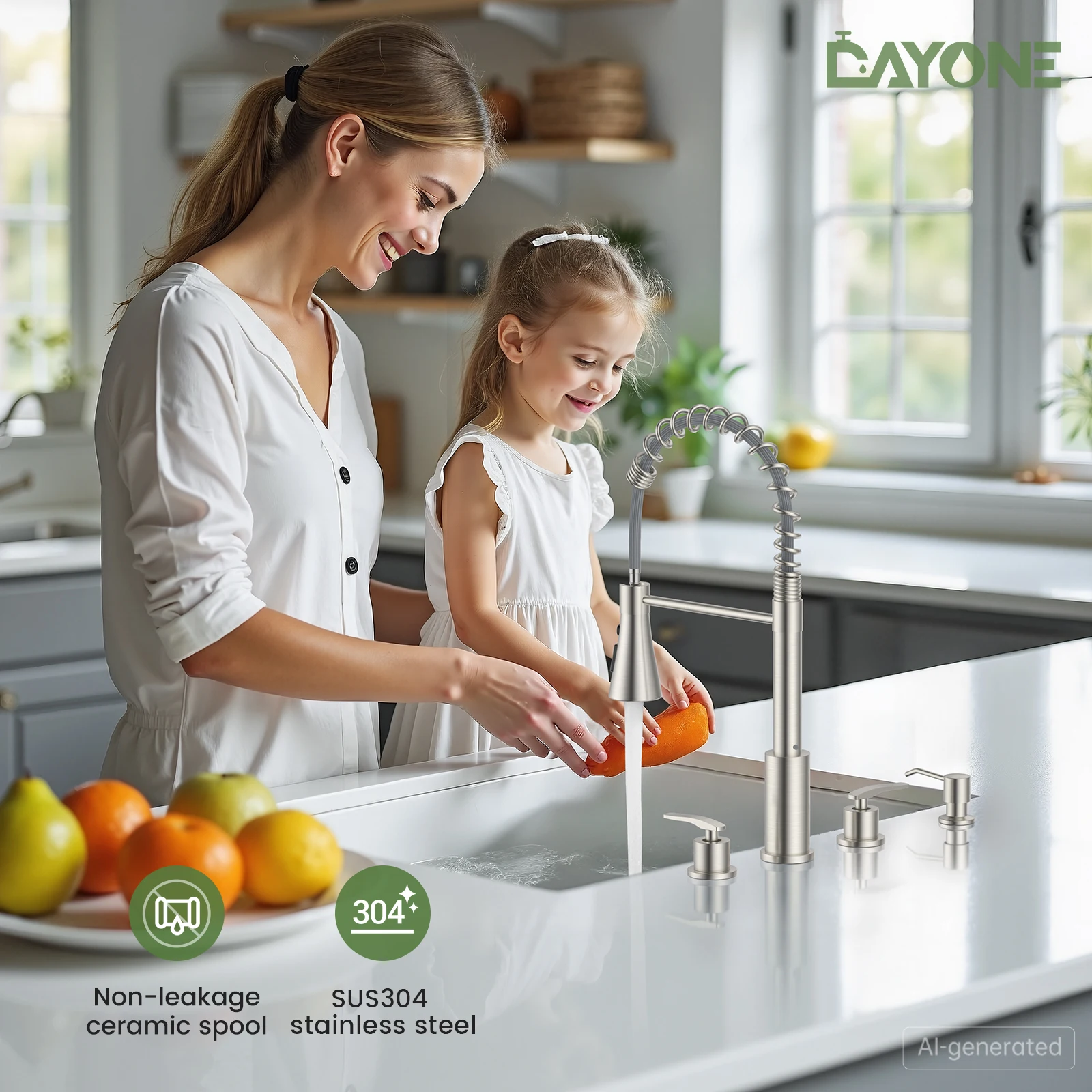 DAYONE 4 Holes Kitchen Faucet Brushed Nickel, Commercial 3 Hole Kitchen Sink Faucet with Soap Dispenser, 2 Handle High Arc Stainless Steel Faucet for Sink