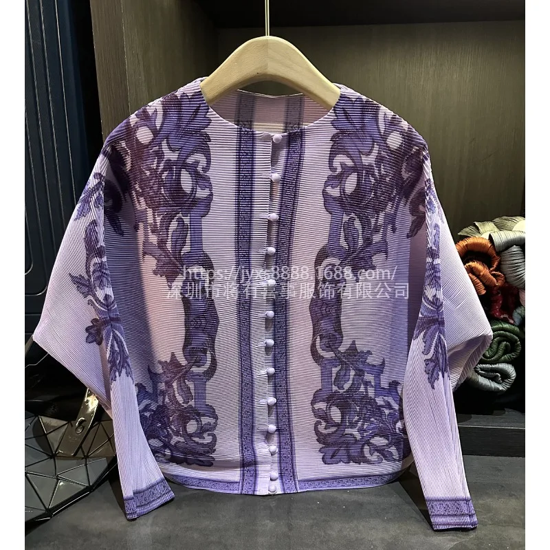 

Miyake Pleated Jacket 2025 Design Vintage Printed Short Jacket Fall Bat Sleeve Casual Pleats Loose Plus Size Cardigan