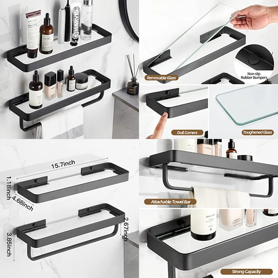 

Bathroom Shelves Wall Mounted Glass Shelf for Floating Shelf Tempered Glass Shelves 2 Tier Bathroom Wall Organizer Black