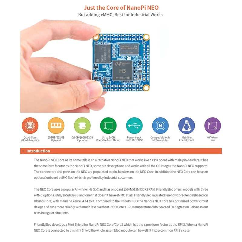 For Nanopi NEO Core 512M+8G Allwinner H3 Ultra-Small Core Board Quad-Core Cortex-A7 Iot Development With Heat Sink