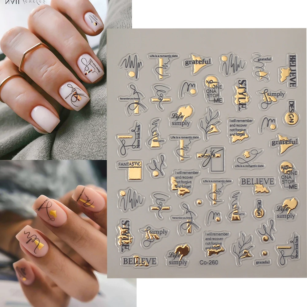 Customise Quotes Nail Sticker Embossed Relief Nail Decals Gold Transfer Nail Wraps Manicure CO-260