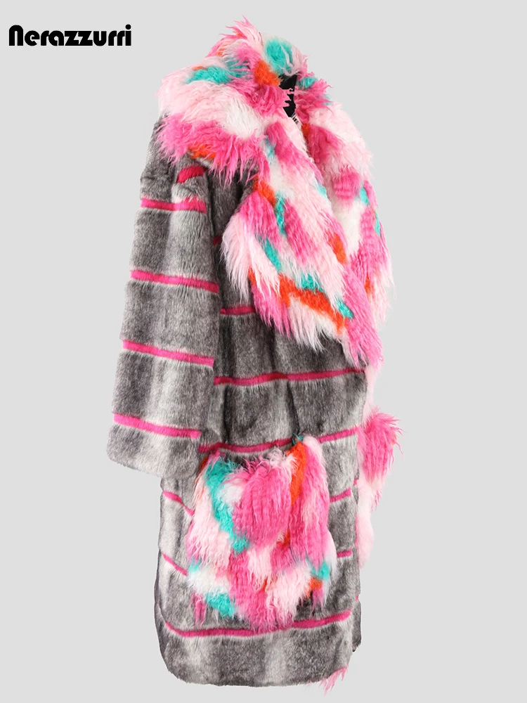 Nerazzurri Winter Long Loose Stylish Warm Soft Fluffy Striped Patchwork Faux Fur Coat Women with Colorful Big Collar and Pockets