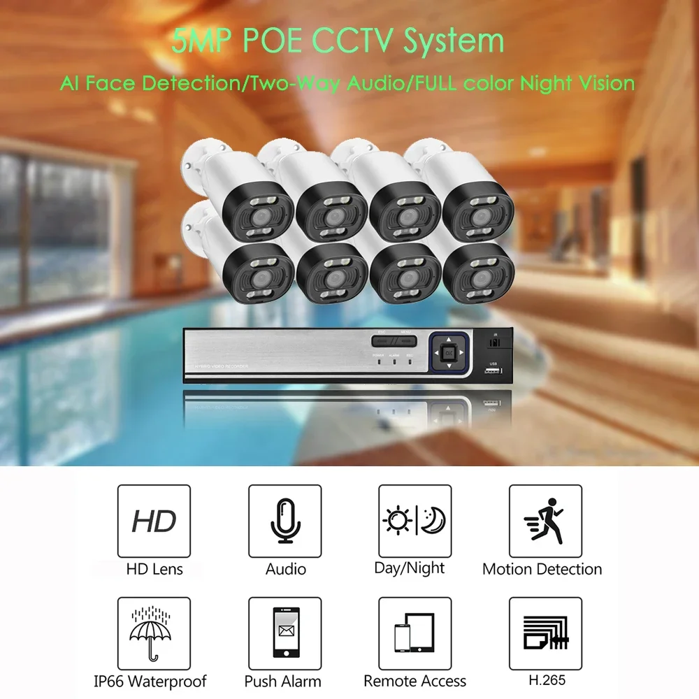 AZISHN 8CH 5MP NVR POE камера видеонаблюдения комплект системы безопасности двустороннее аудио Ai IP-камера уличный цветной комплект ночного видения