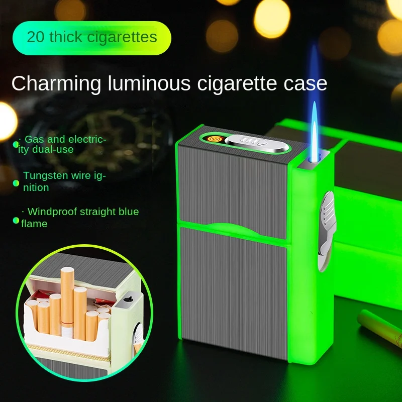 Gas-Electric Dual-Use Luminous Cigarette Case, 20 Thick Sticks, A Pack, Men\'s Cool Cigarette Case, Best-Selling, New