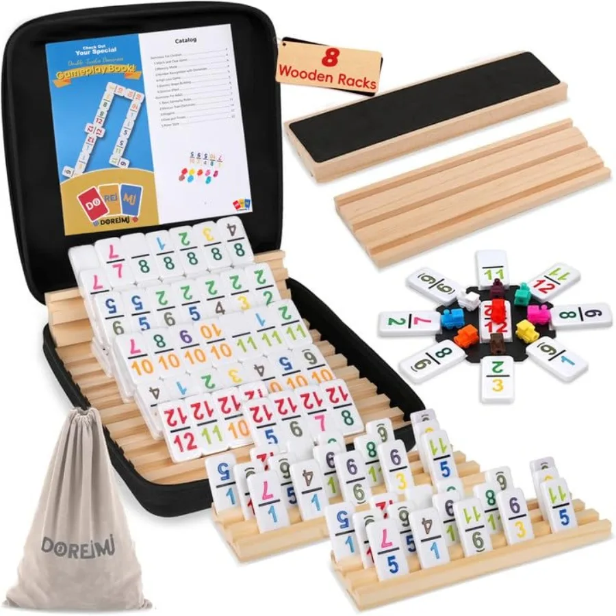 

Mexican Train Dominoes Set Numbers and 8 Wooden Holders, Double 12 Travel Domino Train Game with 91 Colored Tiles and Protable