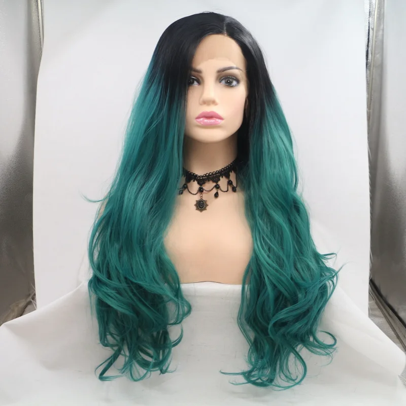 Hand-woven front lace wig for women, free-parting gradient green rose inner net, high-temperature fiber full headpiece