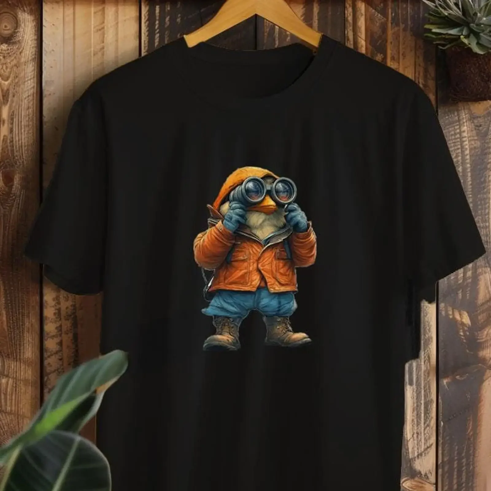 Hiking Penguin with Binoculars T Shirt Funny Birding Ornithologist Casual Animal Print for Men vintage Washed fashion Versatile