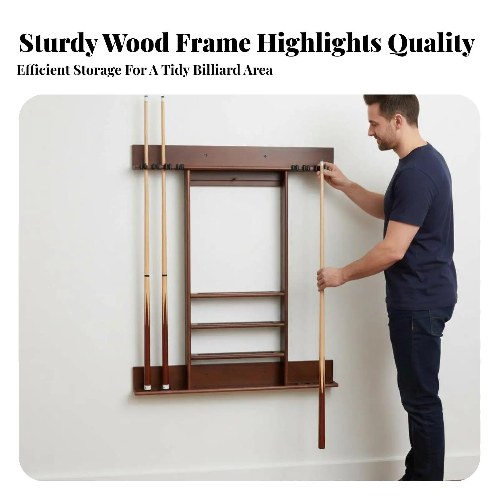 Durable Solid Wood Billiard Cue Rack with Opening Design Secure Clips for 8 Sticks Vertical Wall Mount Organizer for Game Room