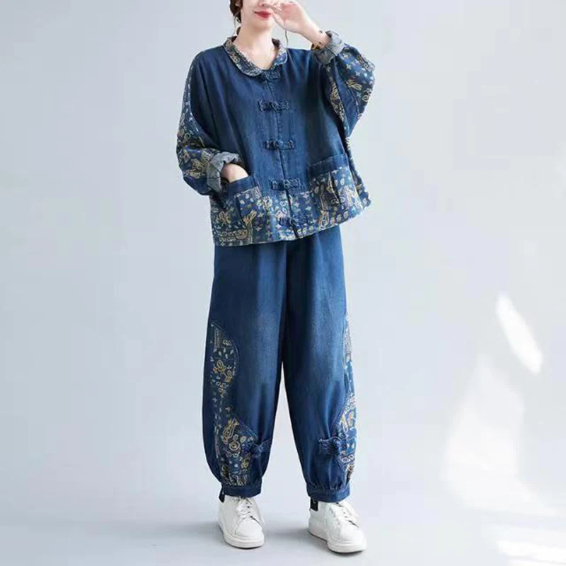 New Denim Sets Spring Autumn Women Floral Print Denim Jacket And Jeans 2 Piece Set Vintage Large Size Elastic Waist Jeans Suits