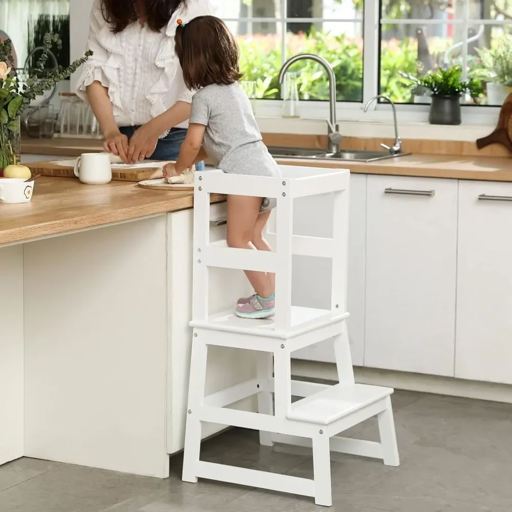 Reposapiés de cocina, taburete de estudio para niños, Mostrador de torre de pie para bebés, asistente de pie para niños (blanco)