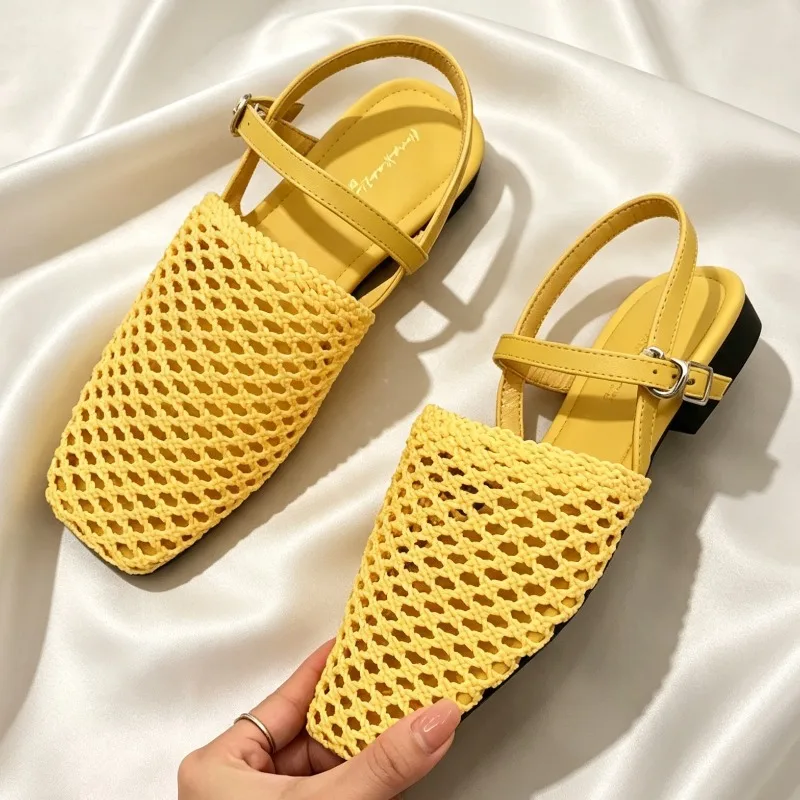 High-Quality Handmade Woven Flat Sandals Women Fashion Square-Toe Ankle-Strap Buckle Designer Shoes Light Soft-Soled Casual Shoe