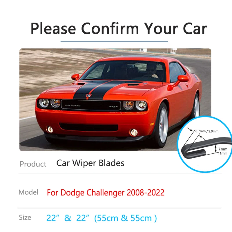 2x For Dodge Challenger Coupe MK3 2008~2022 Wipers Blades Front Window Windshield Windscreen Boneless Frameless Rubber Cleaning