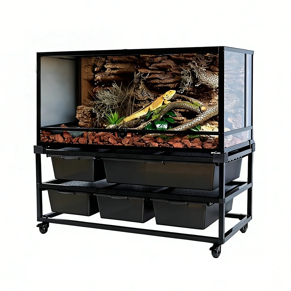 Reptile feeding box for geckos, lizards and snakes - stackable shelves, rectangular