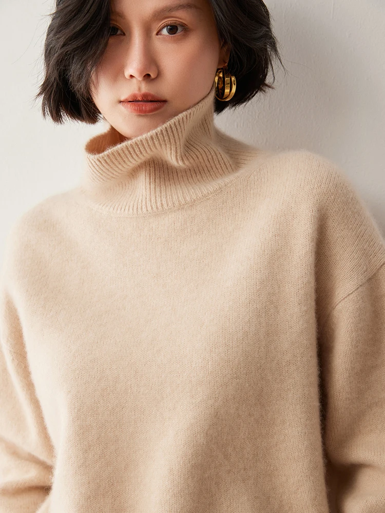 Women Autumn Winter 100% Goat Cashmere Turtleneck Pullover Sweater Soild Soft Light Luxury Loose Basic Versatile Knitted Tops