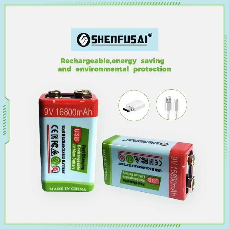 SHENFUSAI-USB lithium-ion battery, 9V, 16800MAH, rechargeable lithium-ion battery, 6-year service life, suitable for microphones