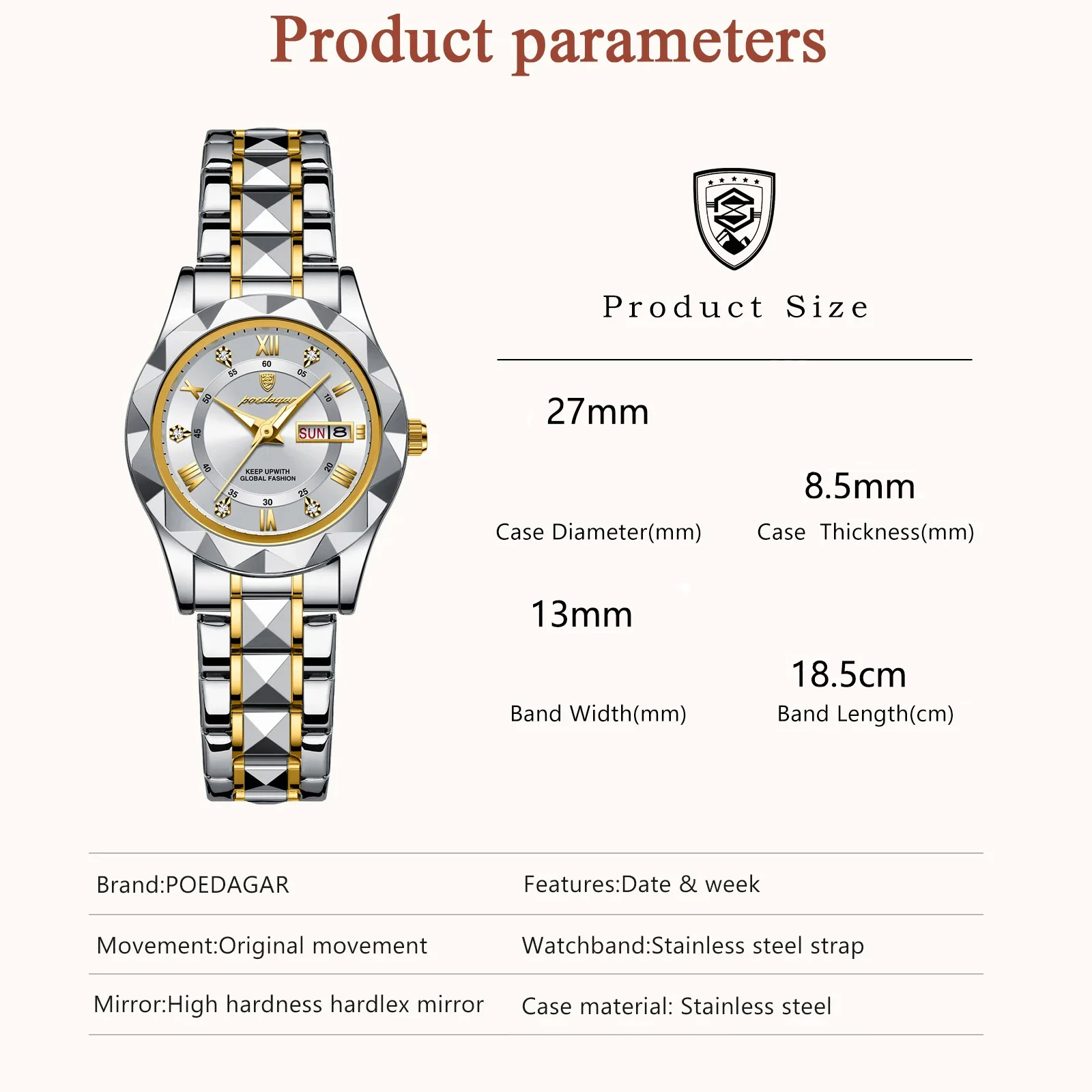 POEDAGAR ساعات أنيقة للنساء مقاومة للماء ومضيئة للتاريخ والأسبوع للسيدات كوارتز من الفولاذ المقاوم للصدأ ساعة يد نسائية عصرية