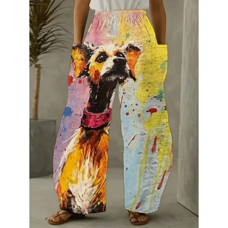 Pantalones de pierna ancha informales con diseño de perros Kawaii para mujer, pantalones de verano Beagle de Color Vintage, pantalones clásicos holgados y suaves con bolsillos grandes
