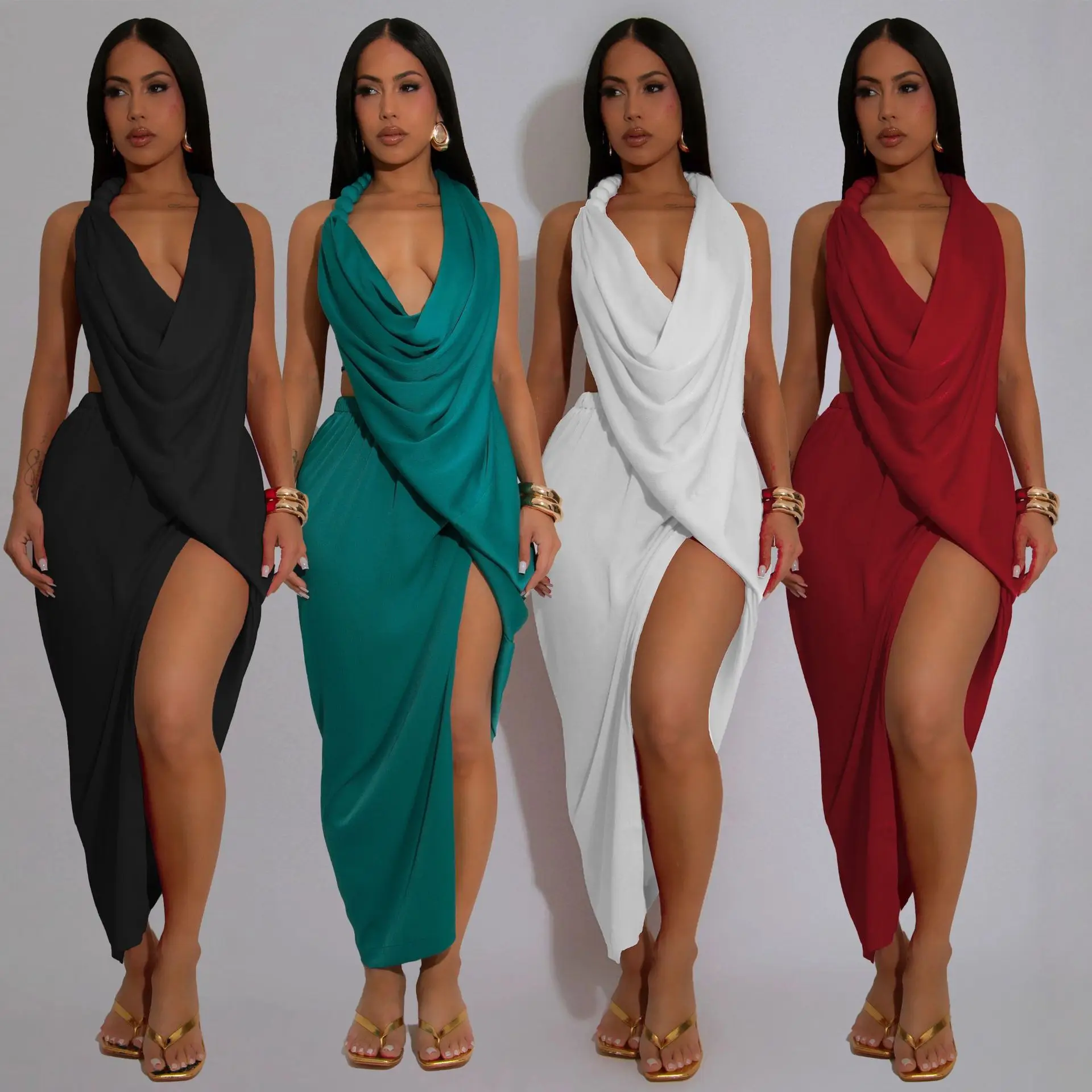 

Women's Deep V-neck Bead Hanging Neck Sexy High Slit Solid Color Pleated Dress 2025 Summer
