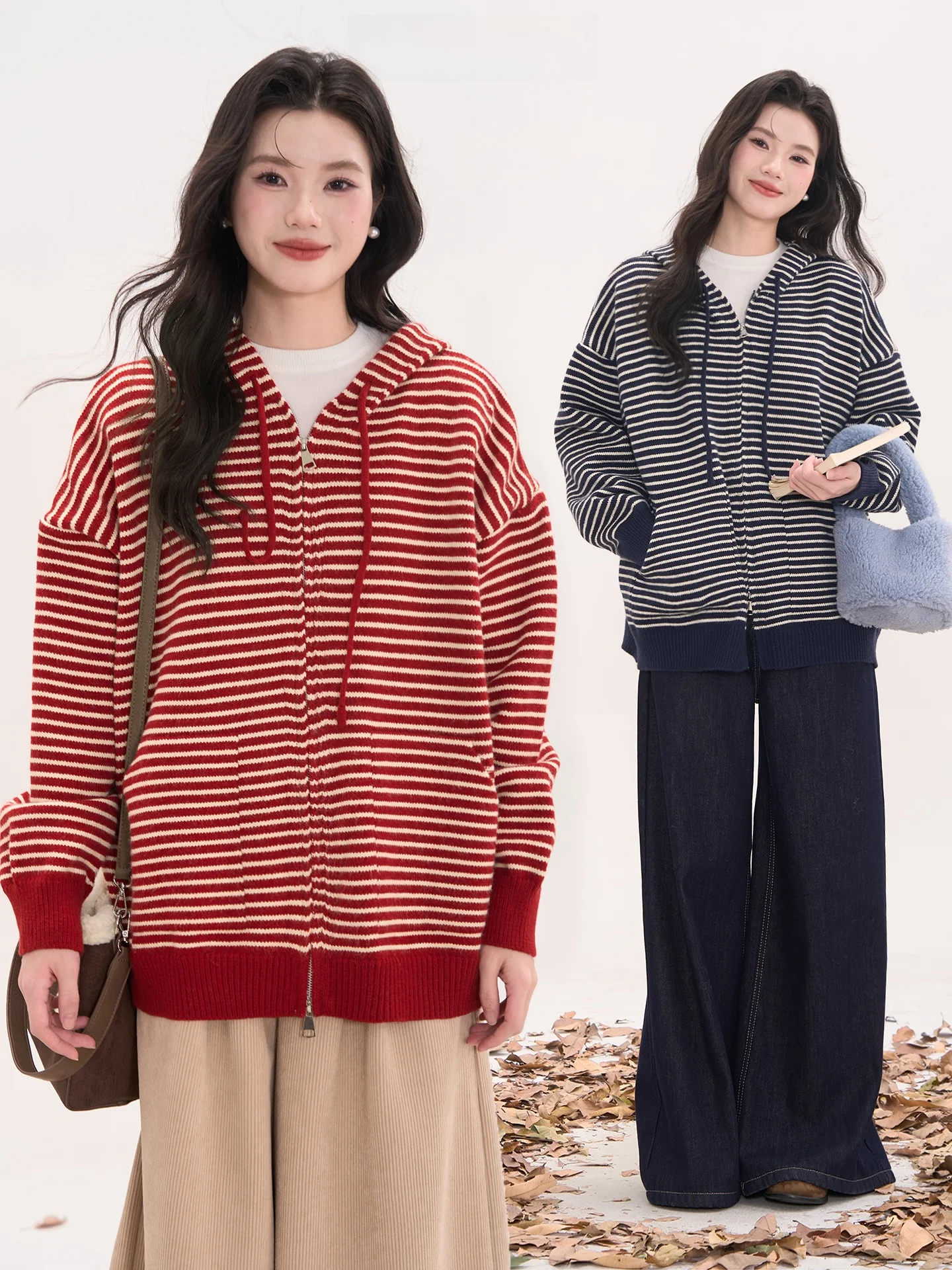 

Женская шерстяная повседневная толстовка Heme 3 в полоску с двойной молнией, осенне-зимний кардиган свободного кроя с длинными рукавами, утепленный