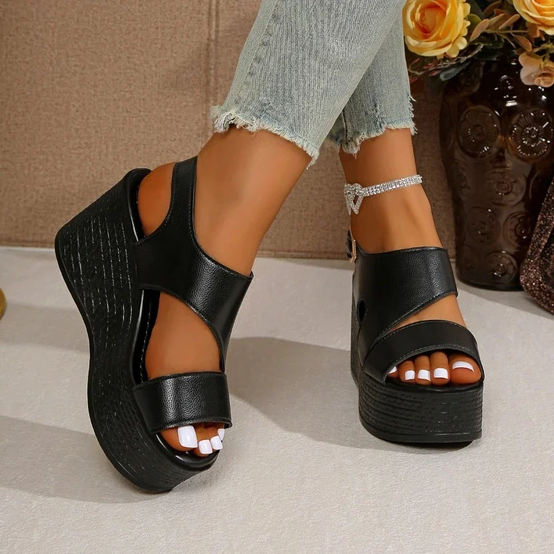 

Open-toe slope sandals leather strap Roman shoes 2025 summer fashion lightweight thick sole non-slip high heels women's shoes