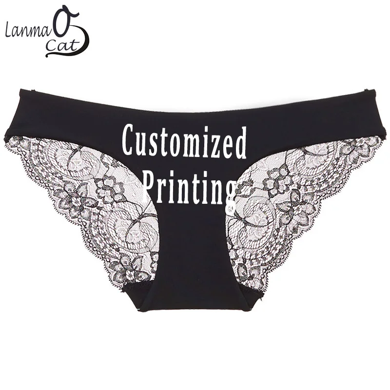 Custom Printing Fashional Seamless Lace Classic Briefs Underwear for Women Sexy Transparent Back Low Waist Female  Underpants