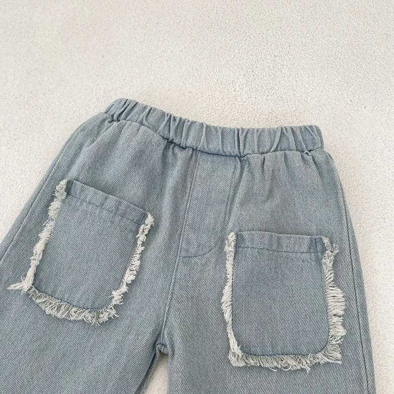 New autumn baby pants, 0-3 year old girls with fur pockets and cotton denim cropped pants