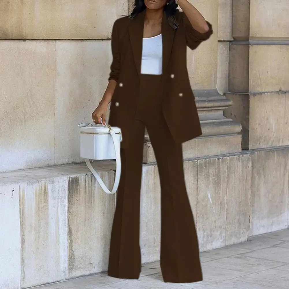 Two Pieces Women Blazer Pants Sets Solid Color Double Breasted Lapel Jacket Wide Leg Trousers Autumn Winter Lady Suit for Office